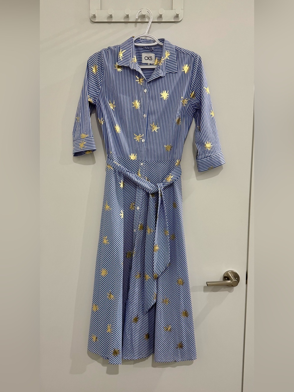 NWOT- Blue Striped Midi Shirt Dress with Gold Palm tree Accents 🌴